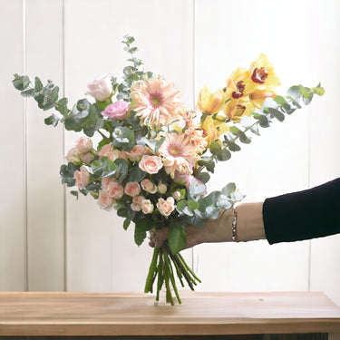 Blim's Memory, Timeless Hand-Tied Posy, Cymbidium, Spray Rose, Gerbera